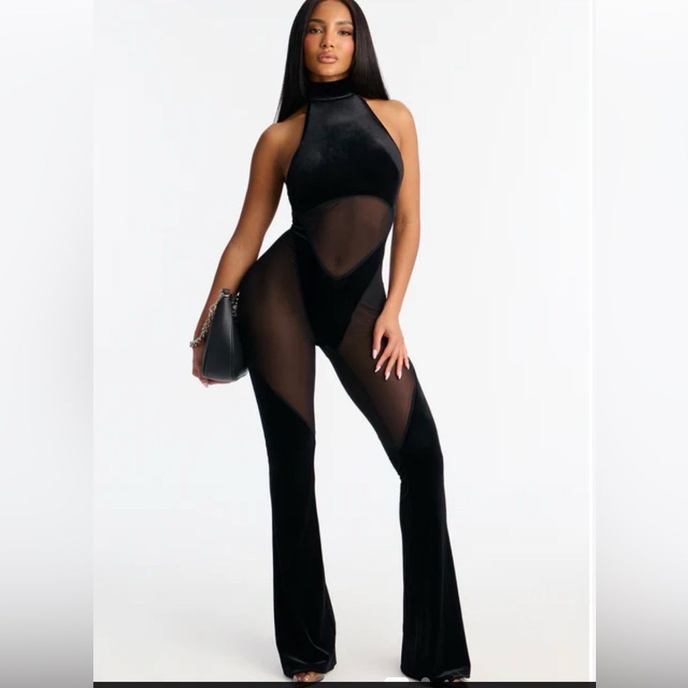 🛍️ Women’s black Contrast Mesh Sheer Halter Neck Backless Flare Jumpsuit LG XL
